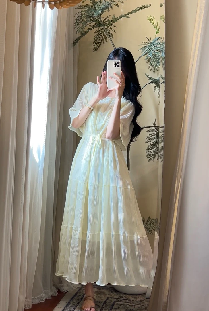 【ROUROU】少女专辑｜文艺风褶皱设计简约大气百搭纯色风琴瘦连衣裙