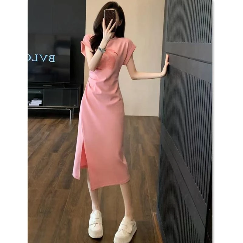 粉色连衣裙女夏季短袖修身收腰显瘦遮肚子恤裙休闲气质开叉长裙
