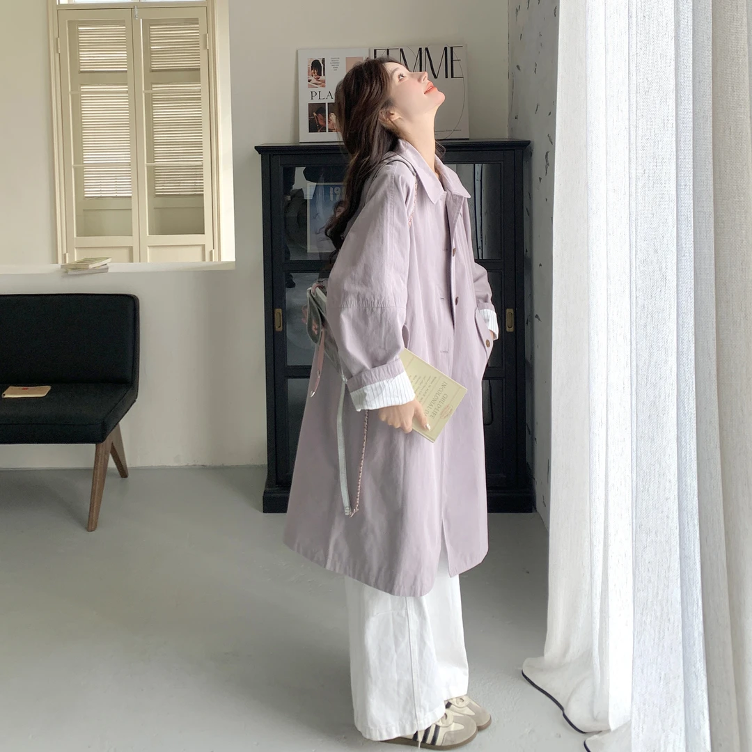 韩系减龄温柔风紫色中长款风衣2025春季新款简约宽松休闲百搭外套