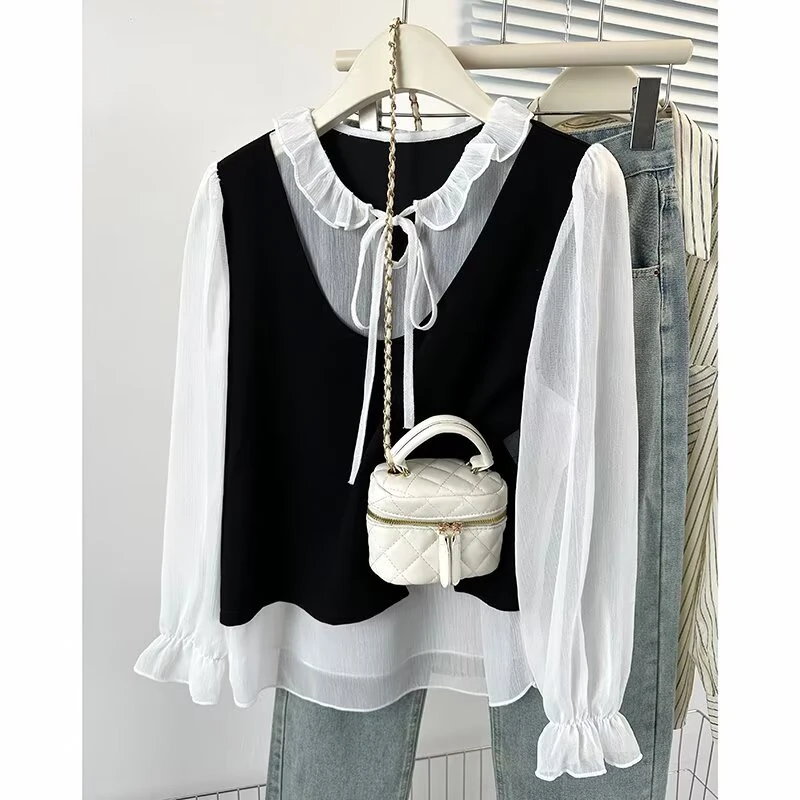 HUIZHIMEI/绘智美大码早春新款洋气显瘦系带蝴蝶结假两拼接衬衫女