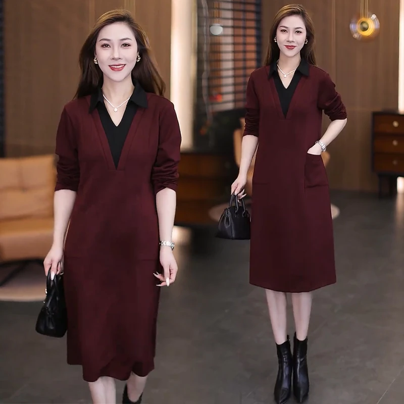 时尚假两件连衣裙女2025春季新款中长款遮肚子显瘦大码休闲裙子潮