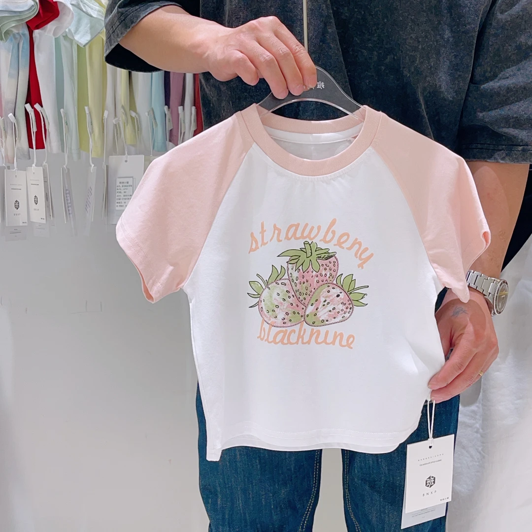 2025夏季新款韩系插肩数码印花草莓宽松版短袖