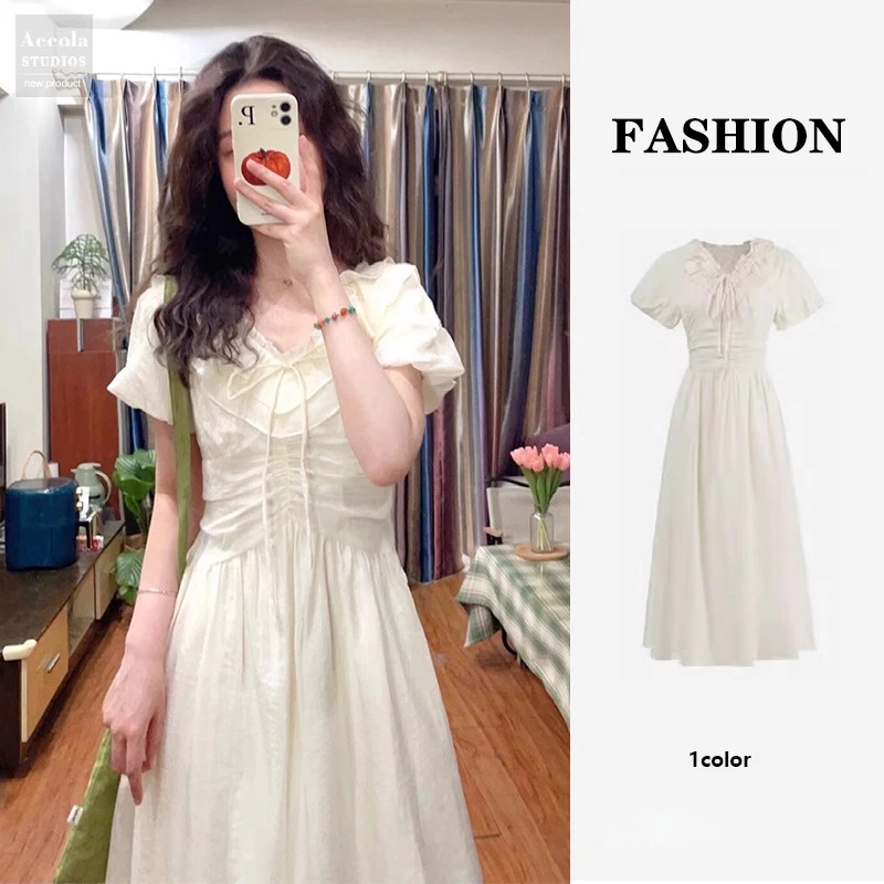 2898法式甜美连衣裙子女装夏季2024新款设计感泡泡袖收腰a字长裙