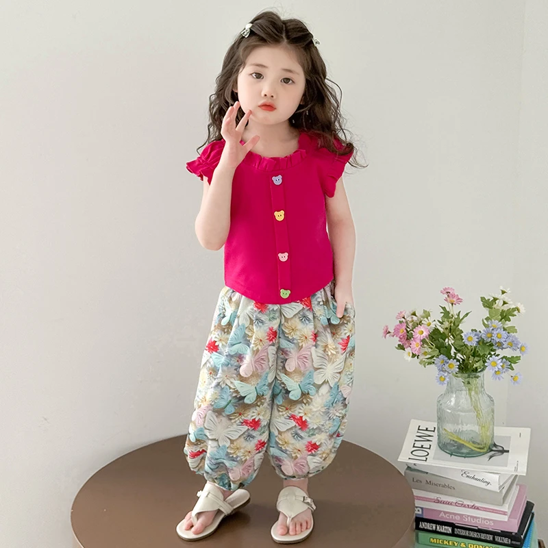 女童木耳边套装儿童洋气夏季2025新款女宝宝防蚊裤两件套小女孩潮