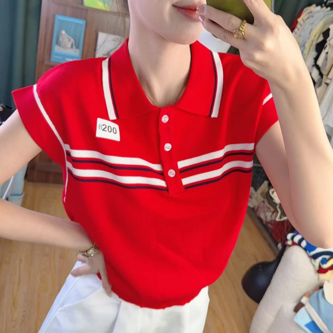 夏季短袖女拼色条纹翻领毛针织衫百搭上衣丁达尔风