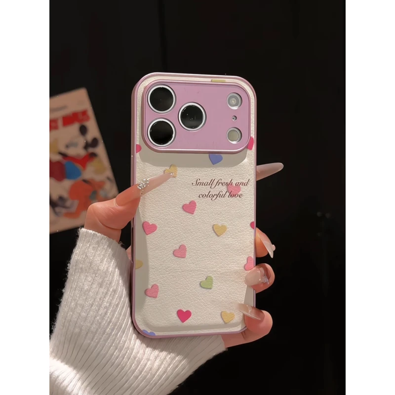 彩色爱心适用苹果17pro手机壳16pm小众女华为p70金属皮纹防摔小米