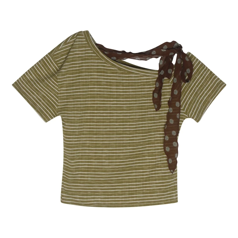 绿色系条纹飘带设计斜肩短袖t恤女2025夏季新款独特露肩上衣