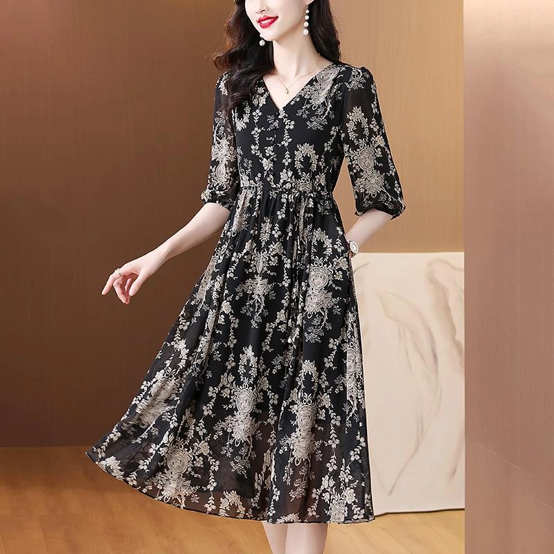 哥弟阿玛施正品七分袖碎花雪纺连衣裙女妈妈夏装大码遮肚子显瘦气