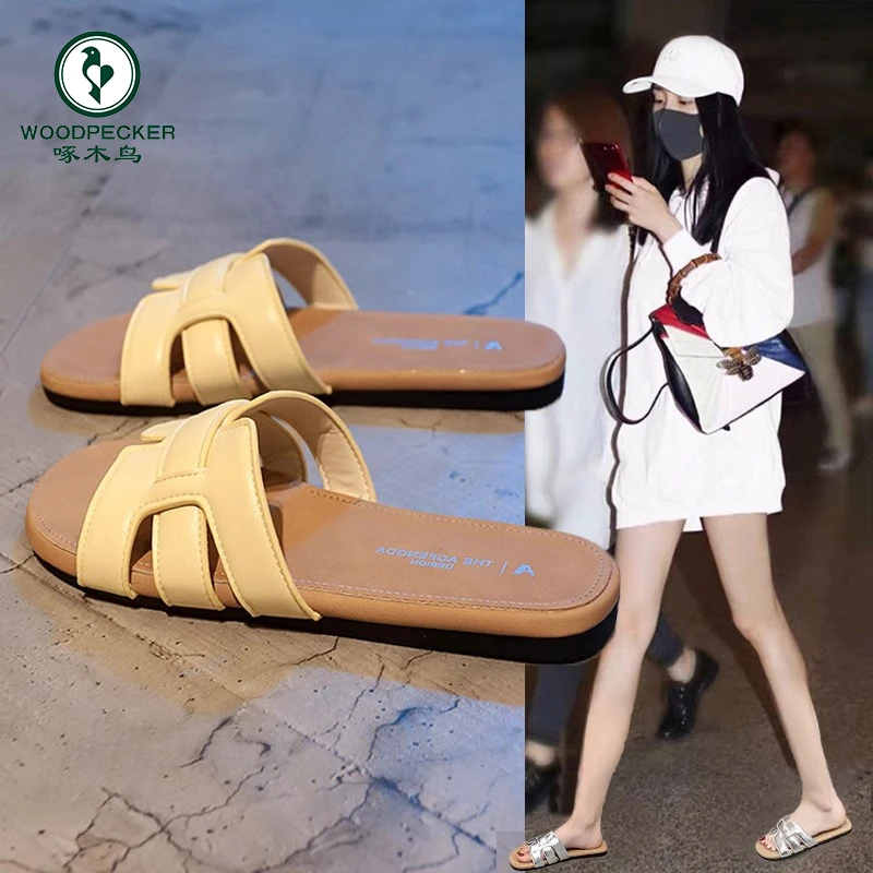啄木鸟爆款平底一字拖女夏季外穿2025新款配裙软底高级感百搭凉拖