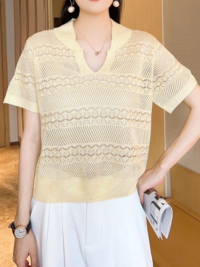 2025新设计师原创夏款亚麻挑孔V领百搭时尚洋气气质060