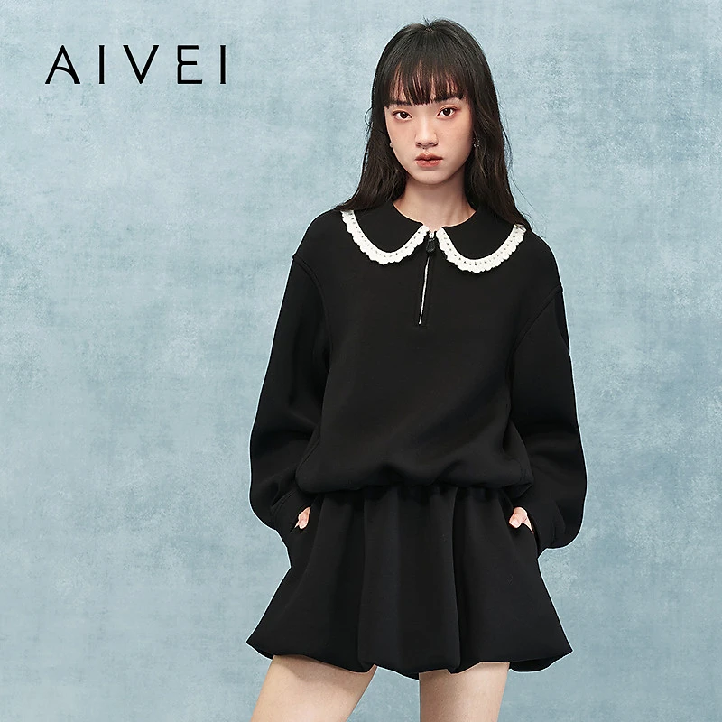 AIVEI欣贺艾薇2025冬季新减龄甜美学院半拉链空气层卫衣XRV7S07B