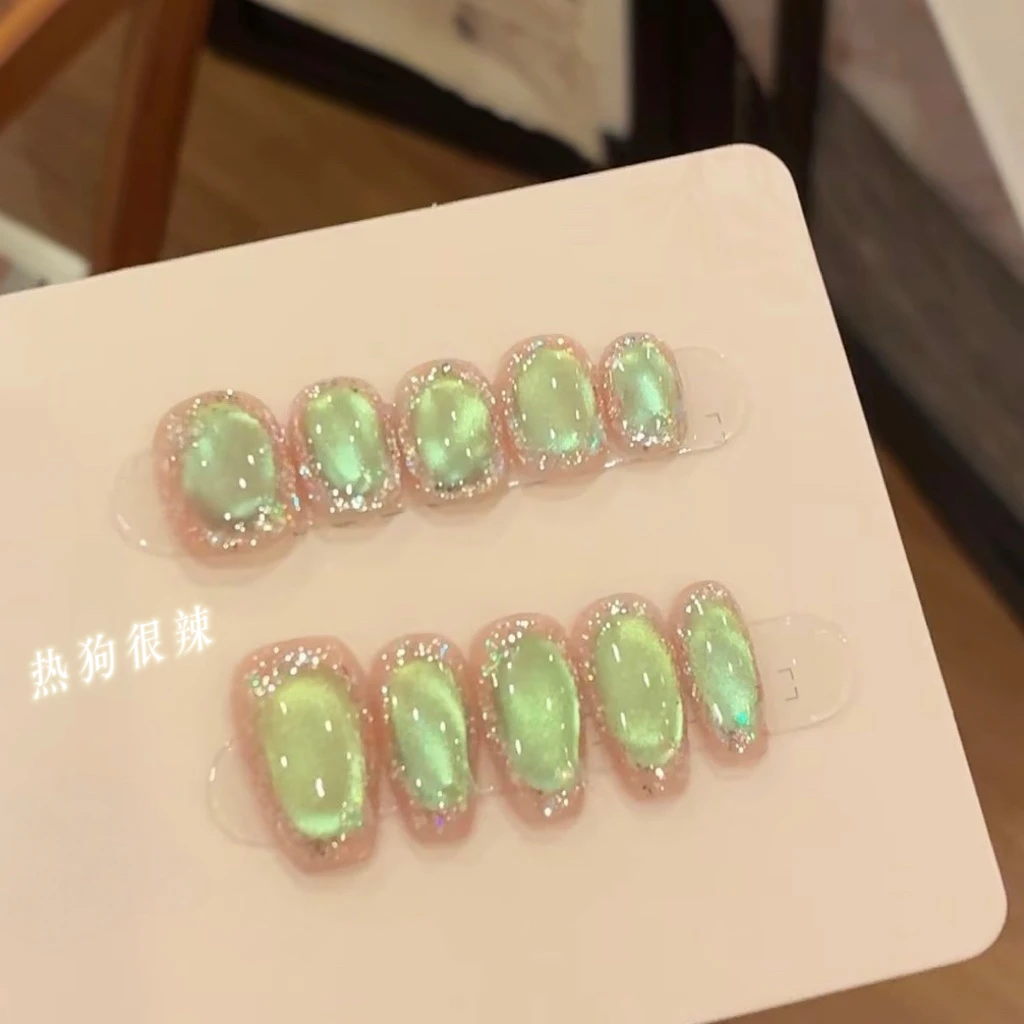 「琉璃月光」纯手工短款爆闪猫眼变色玻璃珠高级显白气质美甲穿戴甲