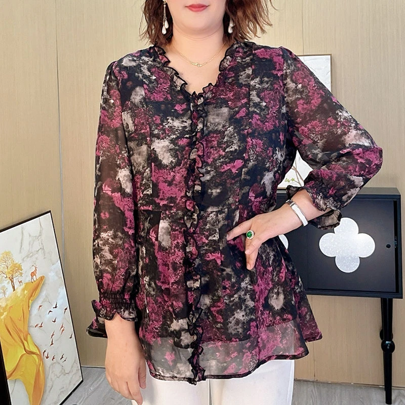 5527新款碎花时尚衬衫v领木耳边百搭200斤妈妈显瘦大码女装上衣