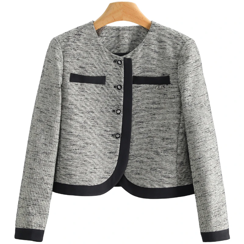 F854-【序】时尚拼接圆领单排扣百搭短外套#BHX55W024