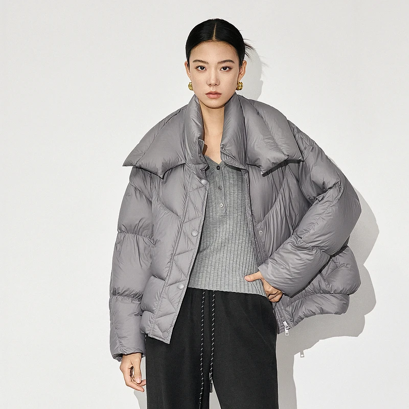 XG雪歌灰色短款长袖鹅绒羽绒服冬季新款长袖加厚连帽外套女装