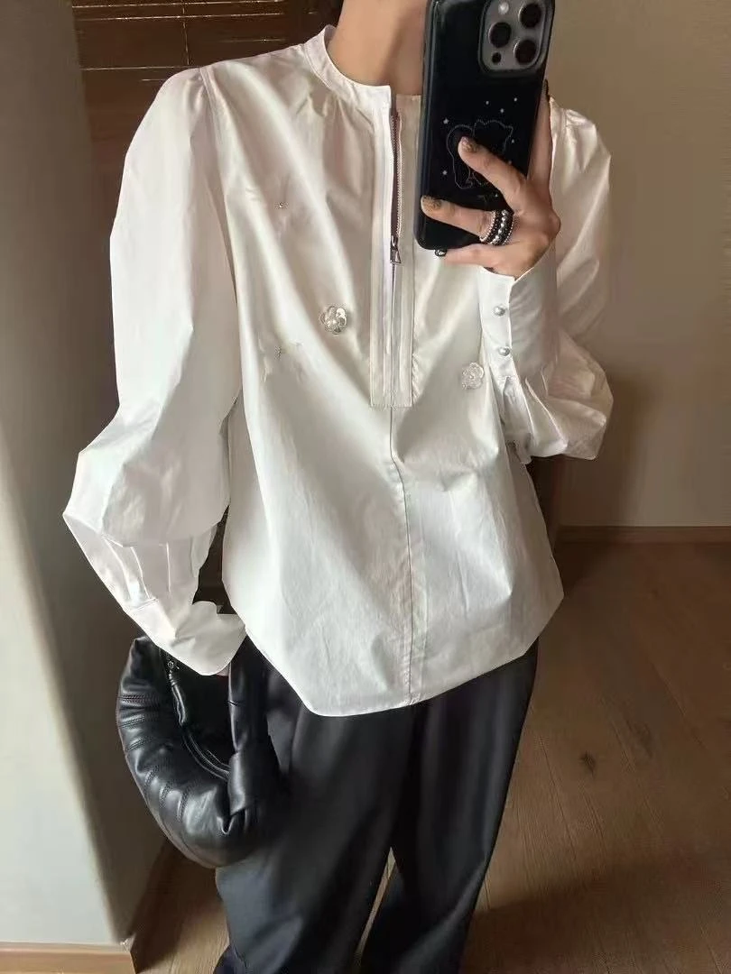 WANTHAT/凡黛卡时尚洋气休闲百搭长袖上衣钉花拉链衬衫女23M09QM