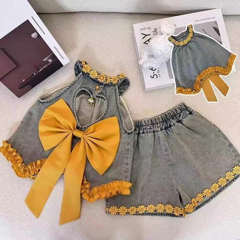 女童牛仔套装夏季2025新款儿童洋气夏装女孩挂脖背心短裤两件套潮