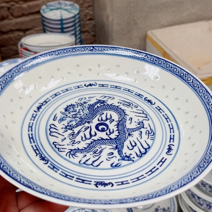 青花玲珑9寸窝盘龙纹