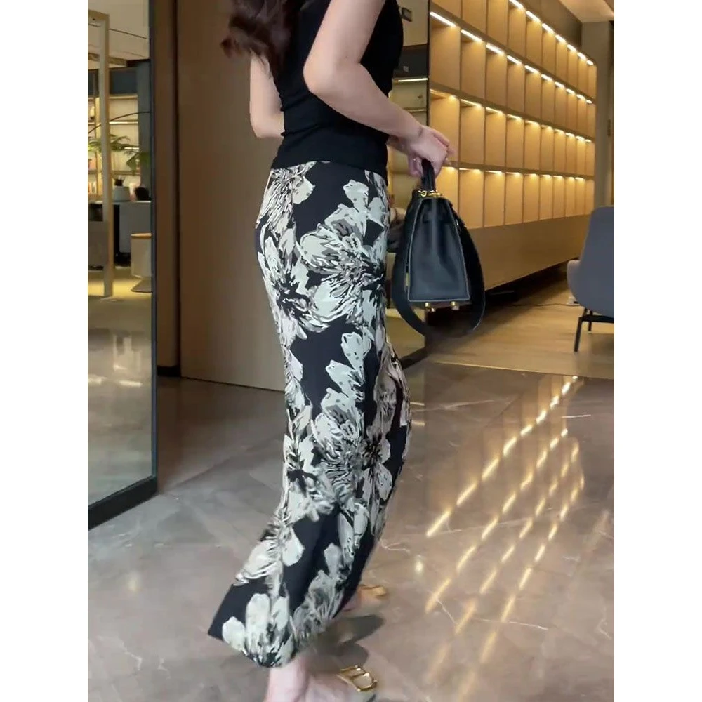 夏季高腰显瘦印花A字半身裙时尚气质通勤包臀开叉长裙子