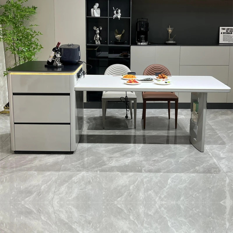 岩板岛台餐桌一体奶油风可伸缩家用小户型现代简约齐平中岛台吧台