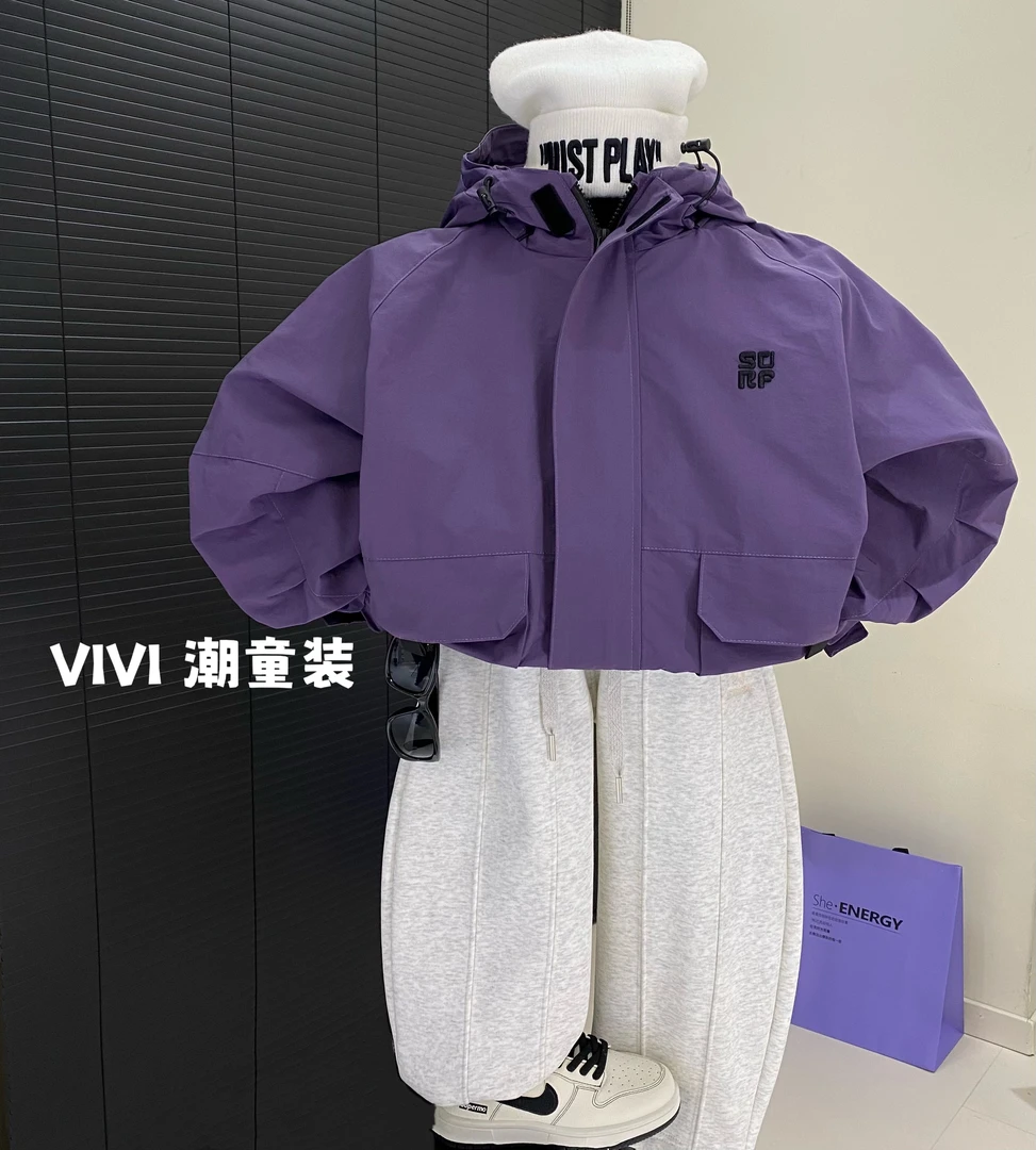 VIVI童装 2025春款潮流中大童洋气紫色重工连帽冲锋衣外套