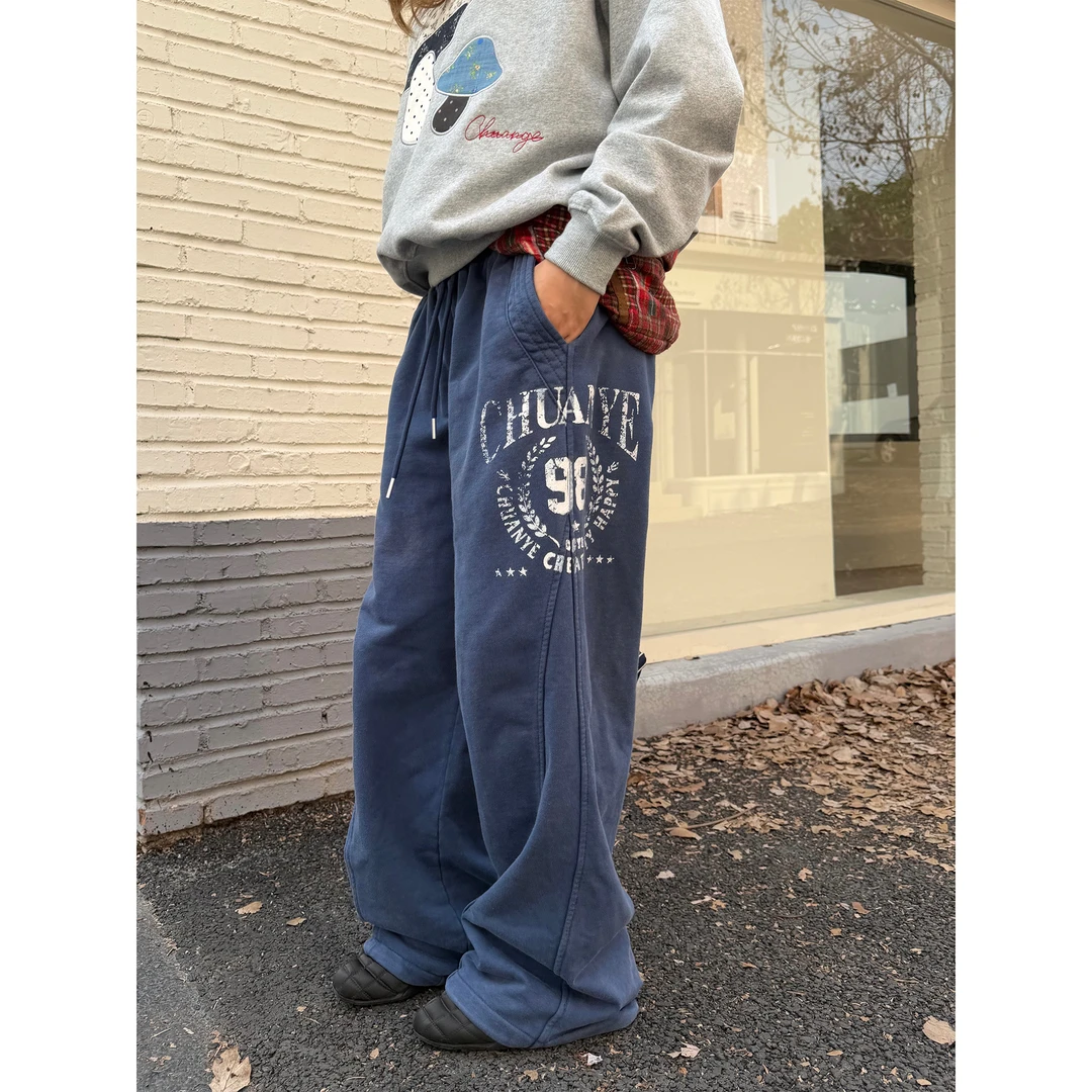 川川也家美式复古水洗印花做旧卫裤男女宽松休闲ins街头裤子秋