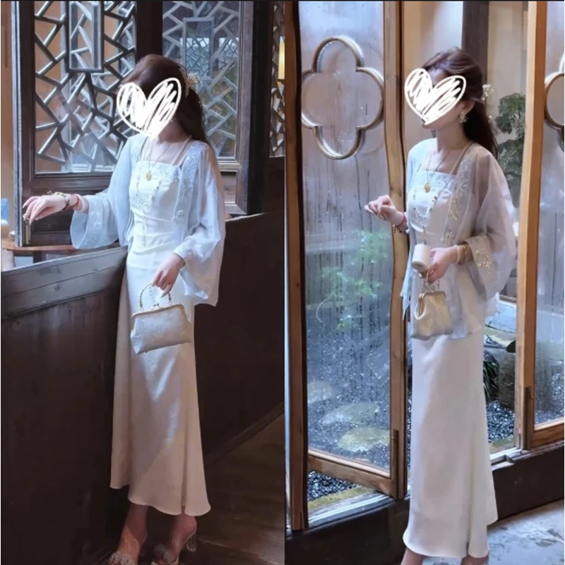 2025夏季新中式立体重工钉珠吊带连衣裙开衫时尚气质显白两件套女