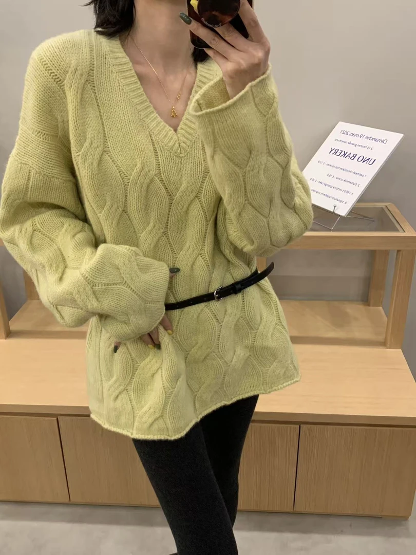 长袖慵懒风V领水洗针织毛针织衫秋冬套头网红毛衣