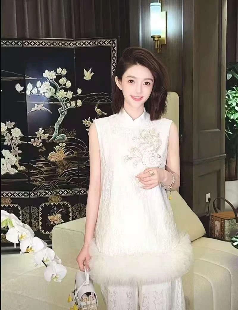 『YLD』新中式蕾丝立领串珠拼接毛边减龄无袖连衣裙8186