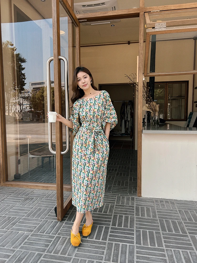 【DY】灯笼袖收腰绑带连衣裙-HZ52221