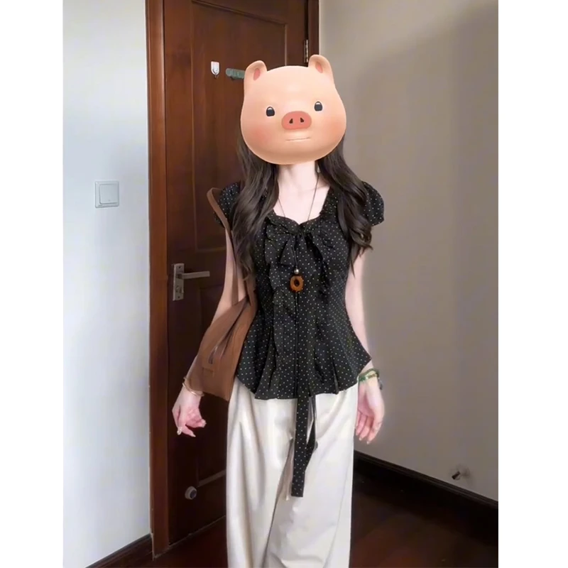 2025夏季新款韩系穿搭花边系带波点短袖上衣气质高腰显瘦阔腿长裤