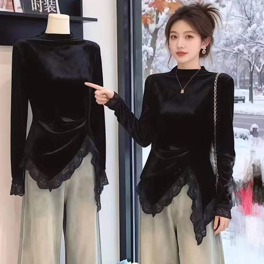 蚂蚁腰丝绒蕾丝边衫3572