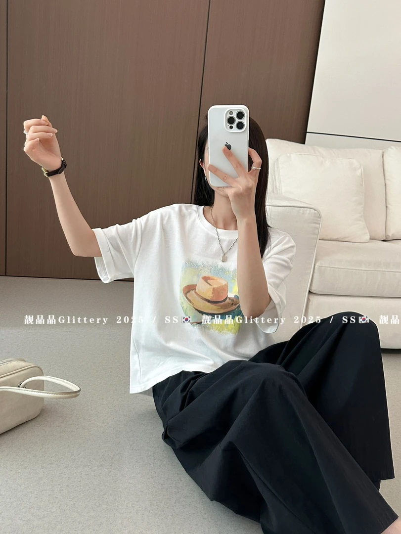 7122#韩版印花短袖新潮风T恤休闲小众欧美风百搭时尚圆领卡通T