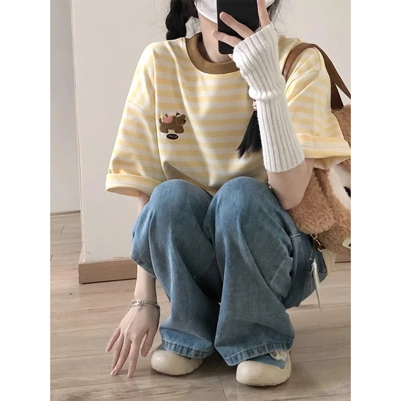 美式复古小狗刺绣条纹短袖t恤女春夏新款撞色圆领百搭半袖上衣ins