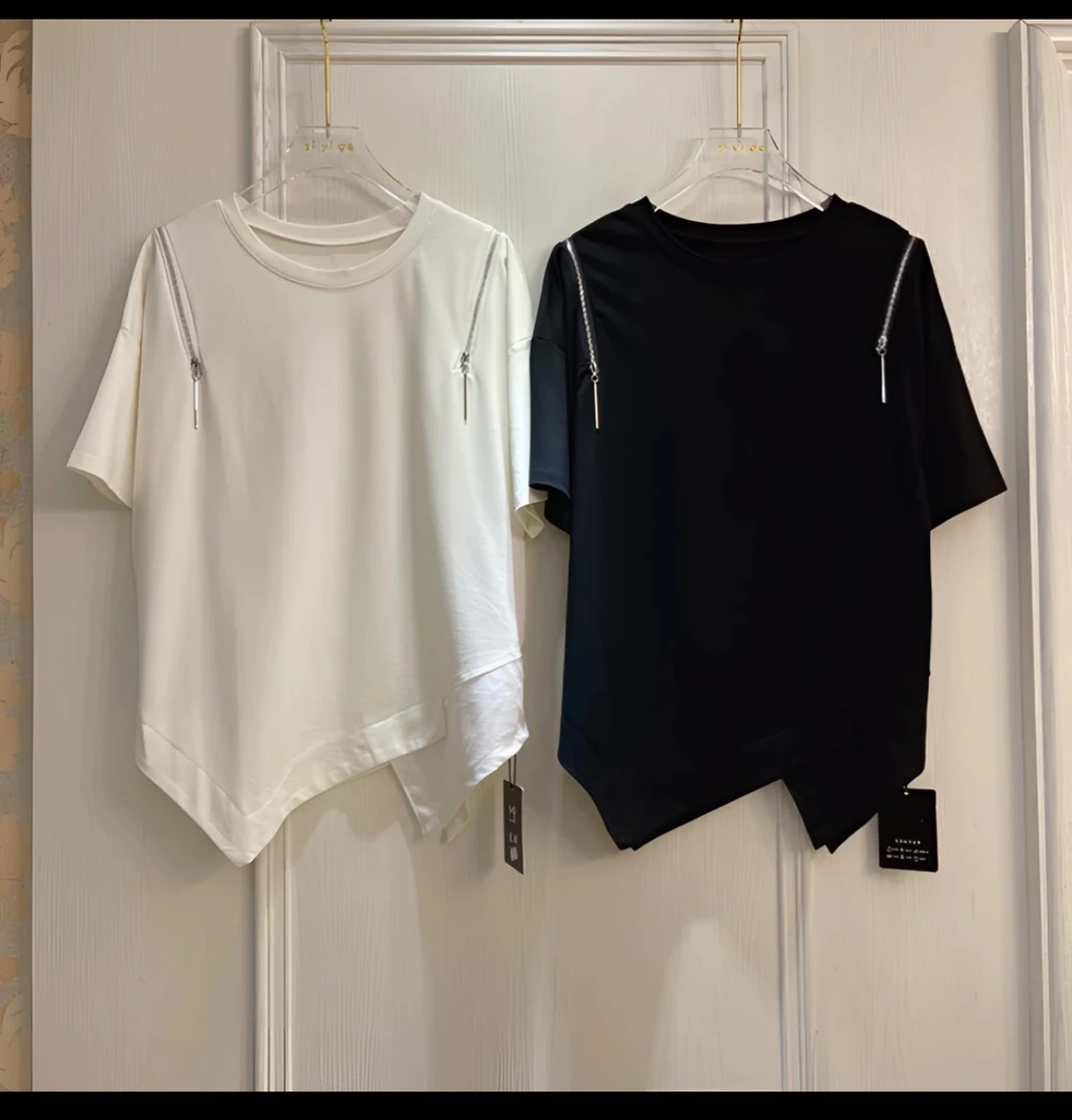 时尚显瘦短袖重工泡珠T恤宽松拉链时尚运动简约不规则89018