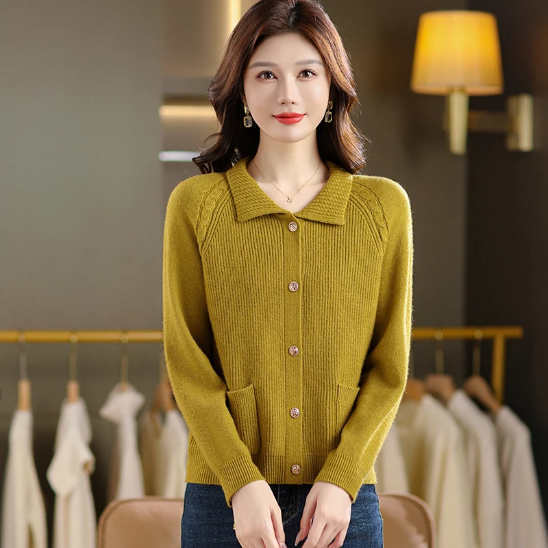 羊毛衫外套女针织开衫毛衣秋冬新款翻领短款小个子百搭