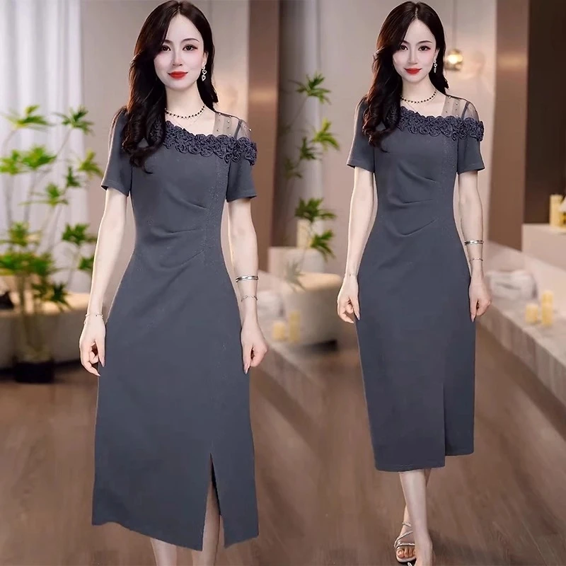 时尚包臀裙连衣裙女夏季洋气收腰小心机斜肩领时髦显瘦小众设计裙