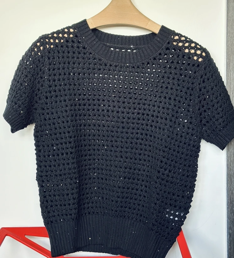 设计师款亮片镂空短袖上衣