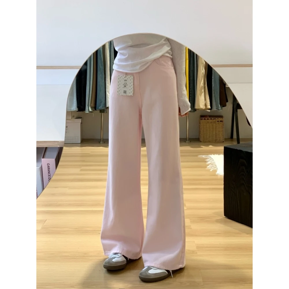 美式复古粉色牛仔裤女2025新款多巴胺穿搭高腰垂感窄版直筒阔腿裤