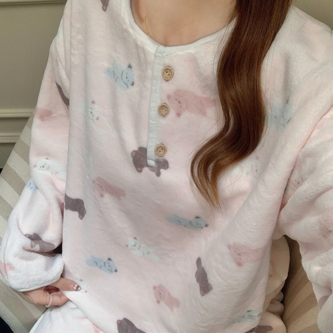 秋冬季加厚卡通法兰绒长袖睡衣女可爱保暖加绒可外穿家居服
