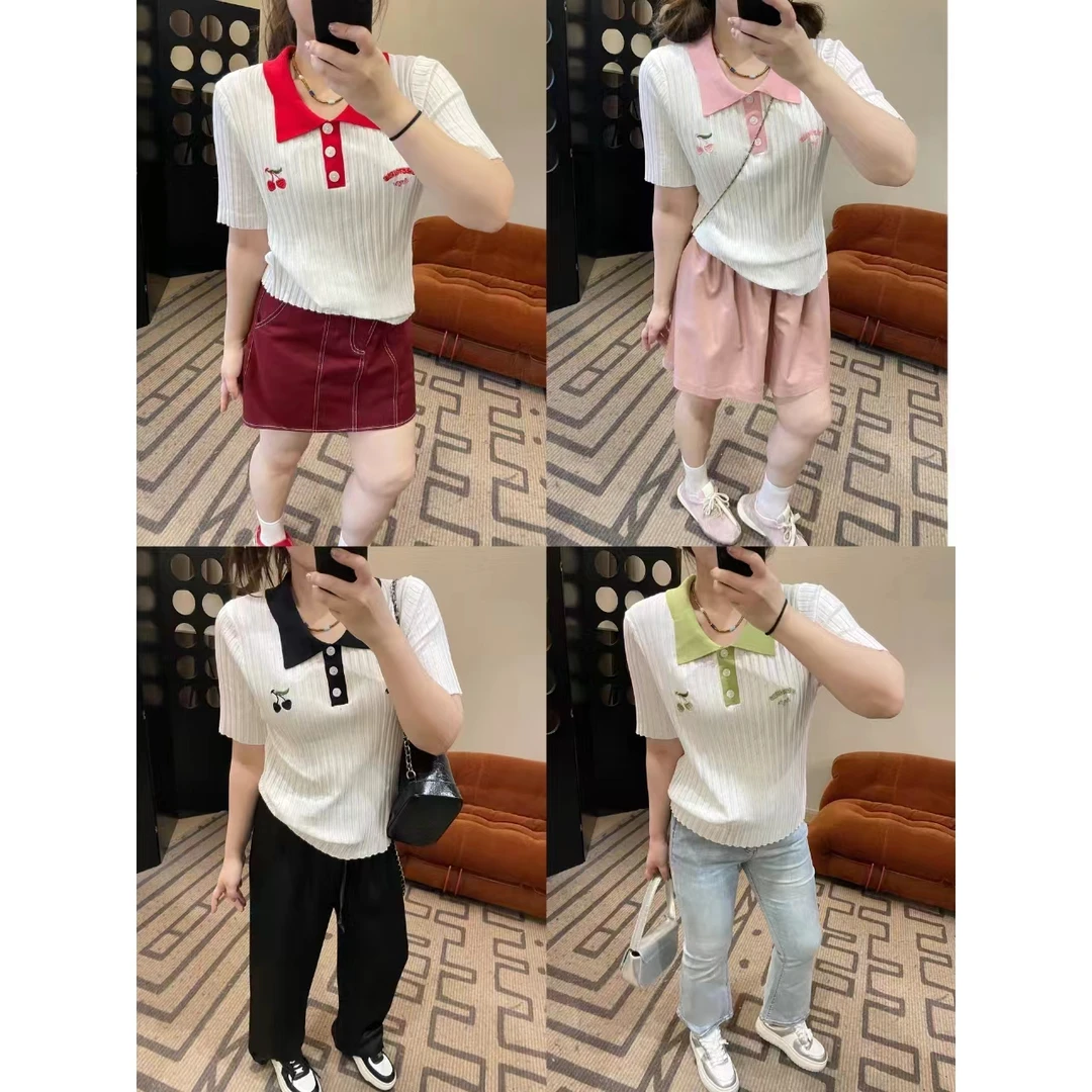 晶咕【樱桃】减龄显瘦樱桃刺绣白色polo领冰麻针织短袖T恤