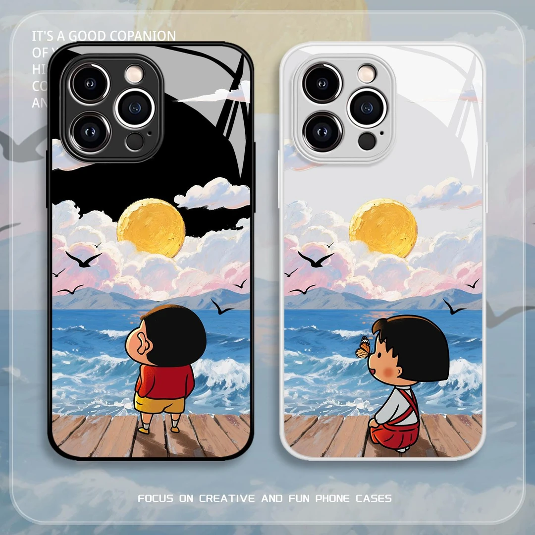 适用海边日落蜡笔小新高级感个性苹果16promax樱桃小丸子ip手机壳