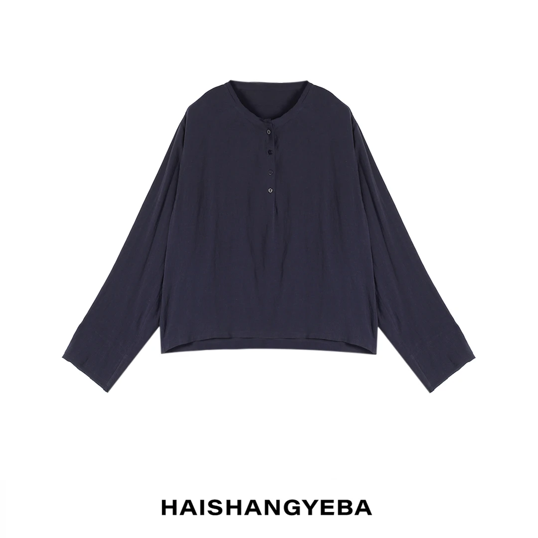 【海上叶爸】新款2025春夏百搭亚麻宽松亨利开领长袖衬衫