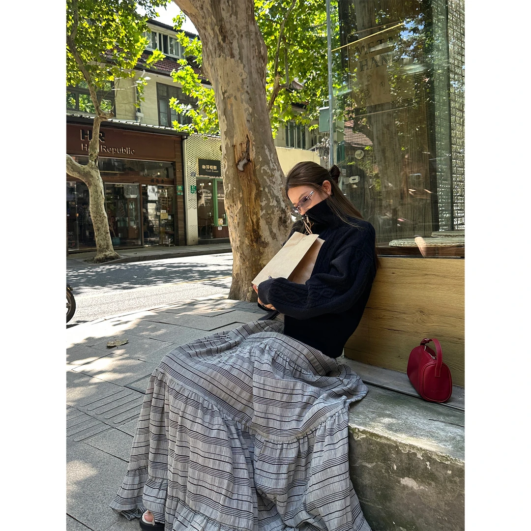 DYANGJUN【北海道之恋】秋季新款重工褶皱格纹氛围感复古半身长裙