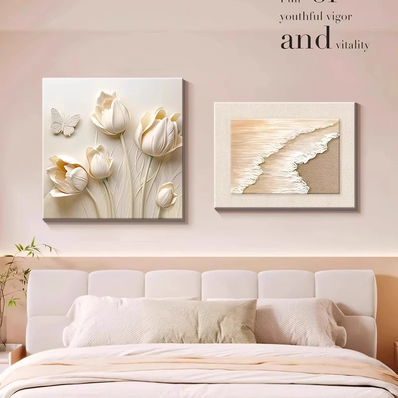 奶油风郁金香卧室床头装饰画现代简约房间主卧挂画砂岩纹理餐厅画