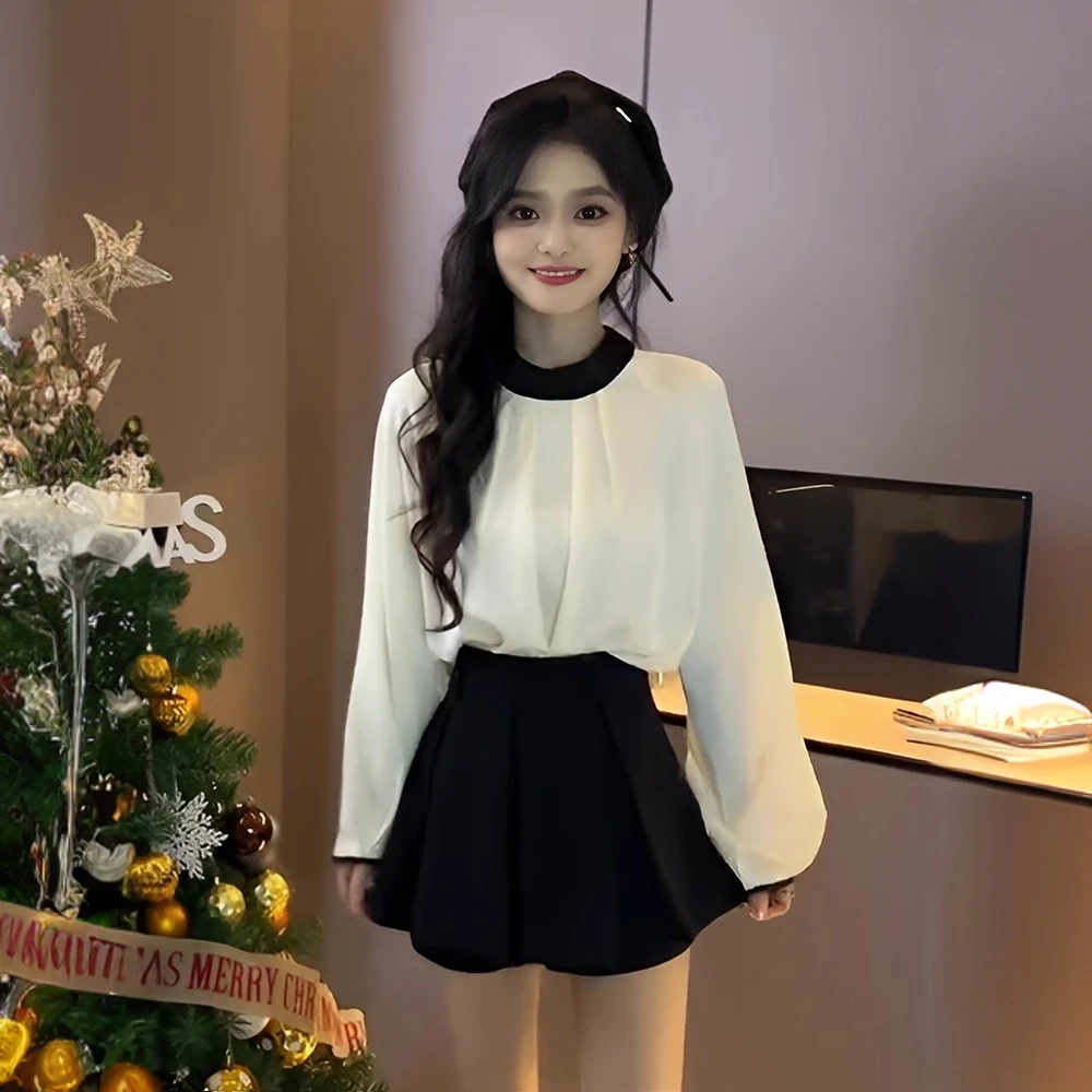 韩系高级感撞色蝴蝶结绑带长袖衬衫2025新款春季高腰半身裙两件套