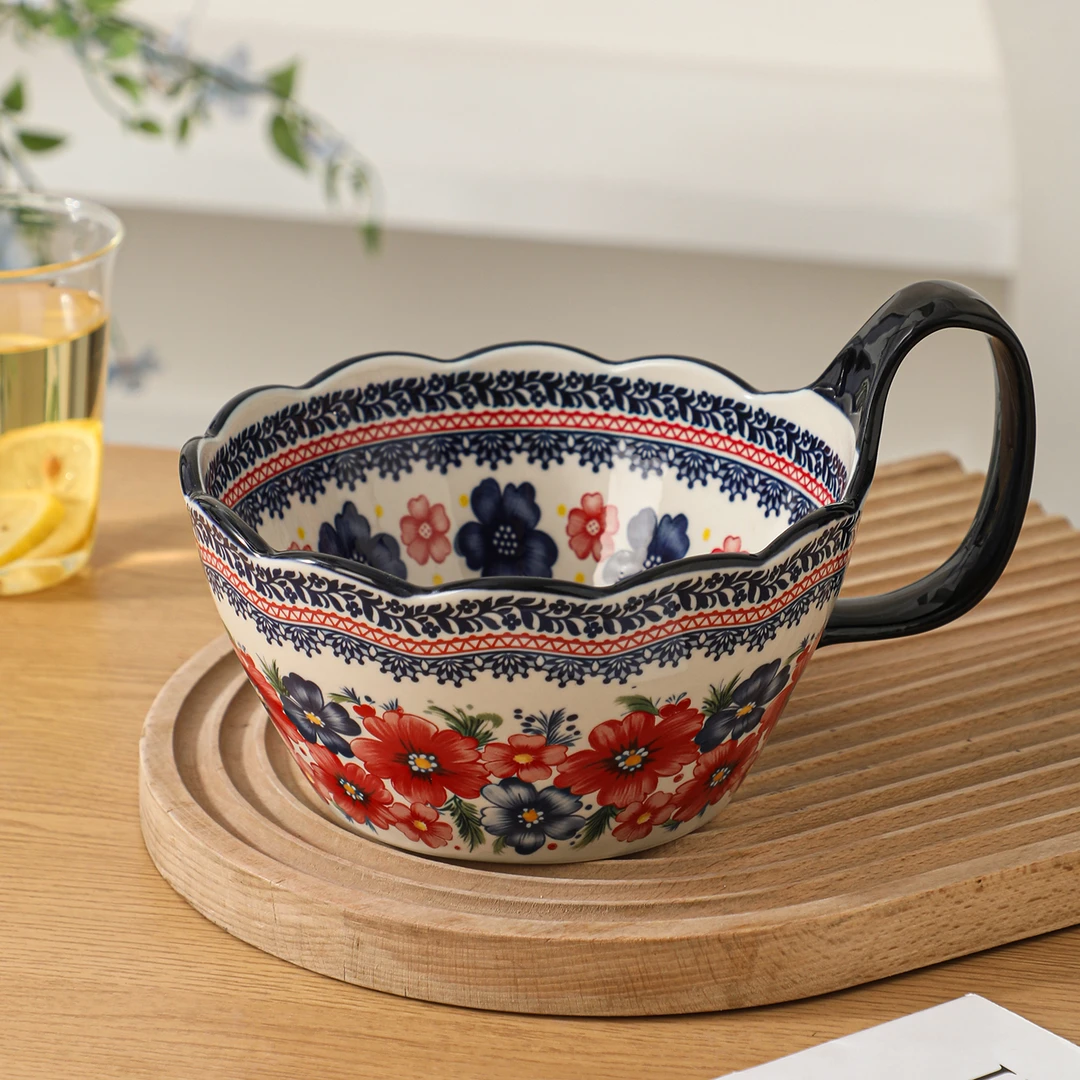 波兰绘梦7英寸手把碗一个装釉下彩陶瓷餐具