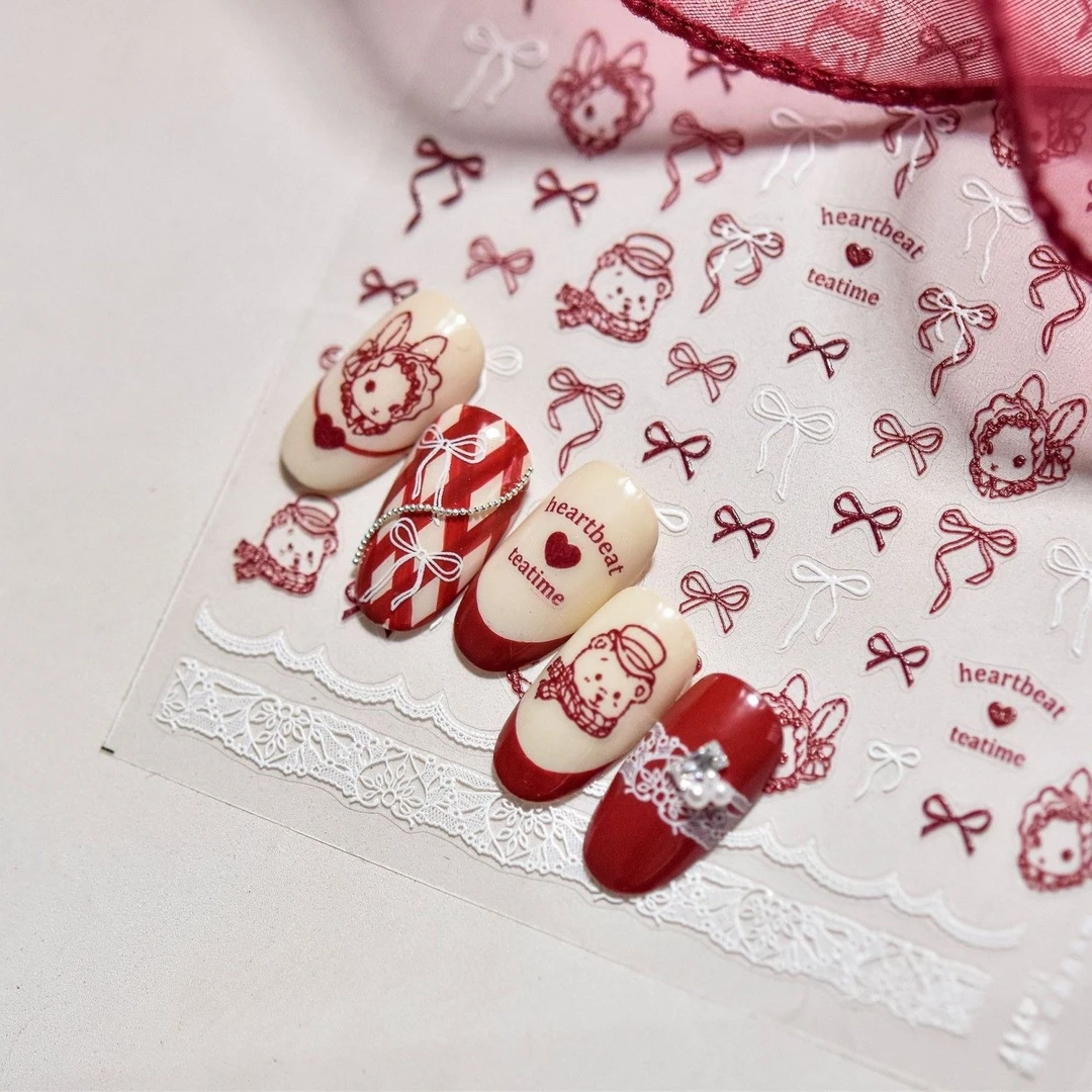 2025新款日系芭蕾小兔浮雕美甲贴纸ins飘带蝴蝶结线条小熊diy水杯