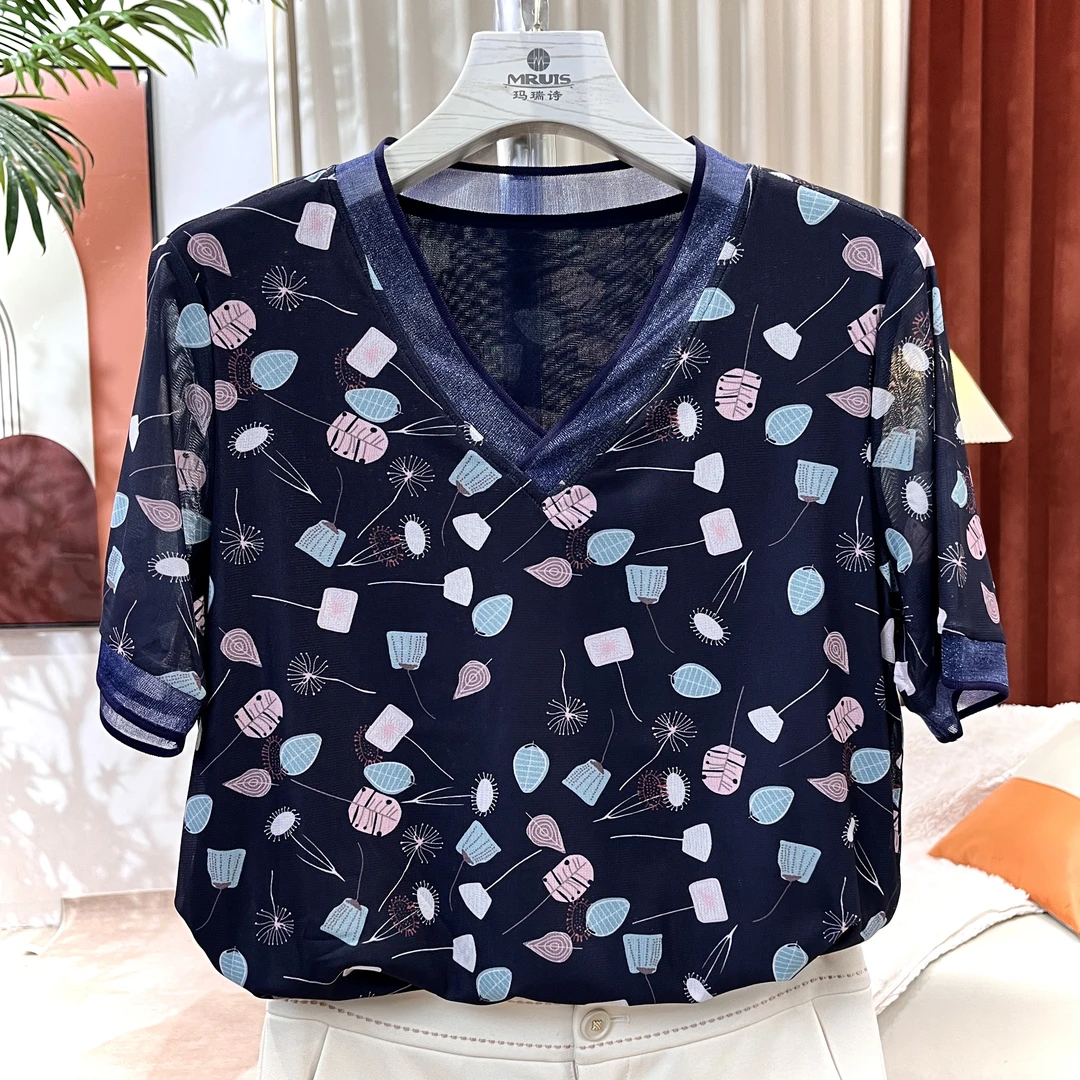 【夏季新品】专柜休闲印花V领半袖气质时尚女百搭网纱显瘦短袖T5026
