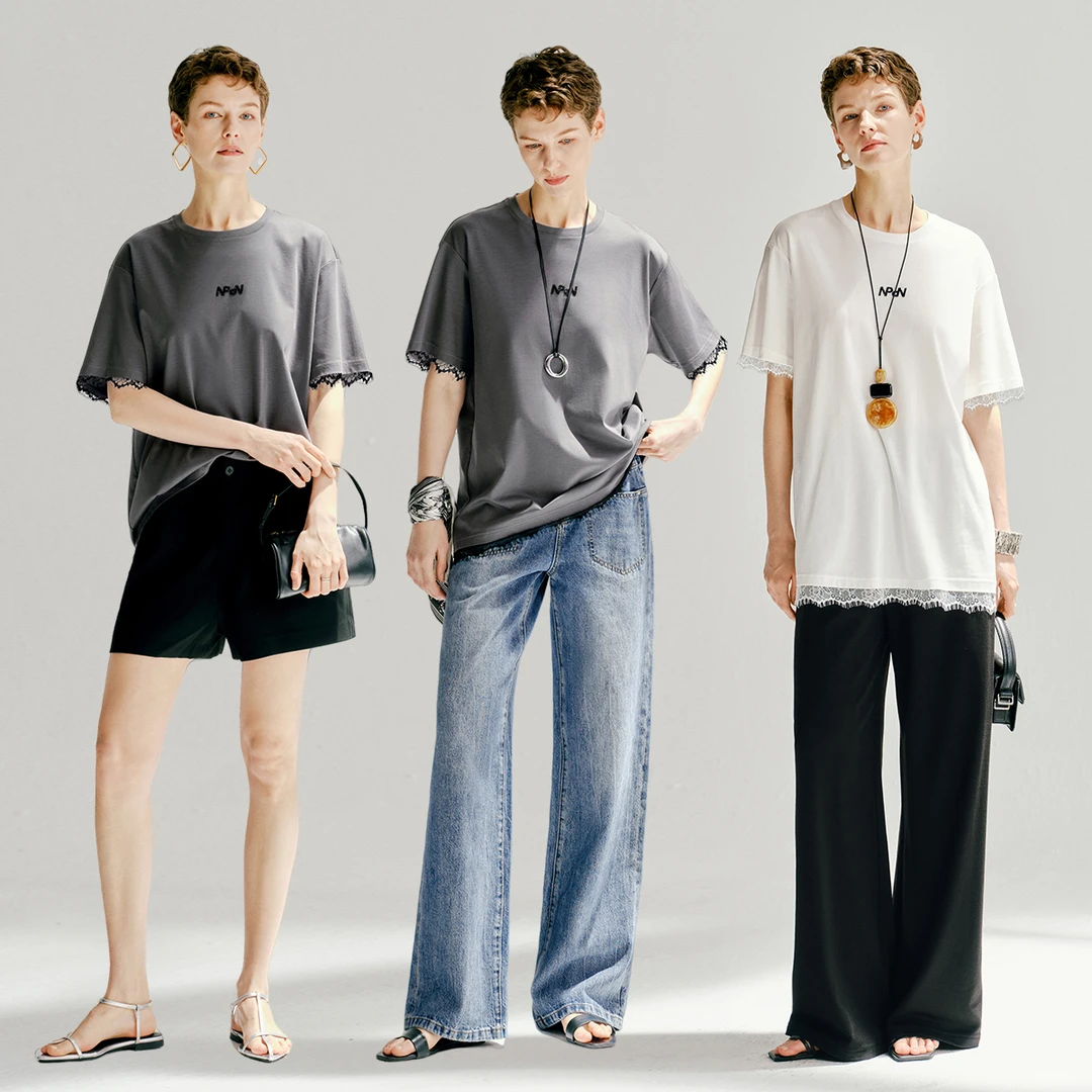 恩派雅2025新款logo字母圆领宽松蕾丝拼接短袖T恤女XWKEC5301A